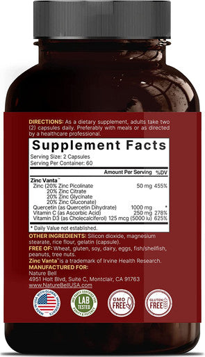 Zinc Quercetin 1000mg with Vitamin D3 5000IU 120 Capsules 4 in 1 Formula Zinc 50mg Vitamin C 250mg Vitamin D3 5000 IU Advanced Immune Defense NonGMO