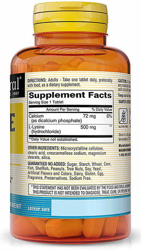 Mason Natural L-Lysine 500 mg with Calcium - Improved Immune Function, Enhanced Nutrient Absorption, Essential Amino Acid, 100 Tablets