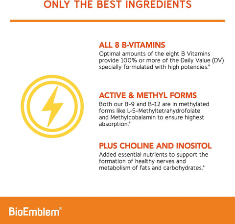 BioEmblem Vitamin BComplex All 8 Active Forms with Methyl Folate Methyl B12 B6 Biotin Plus Choline Inositol Supports Energy Metabolism Brain Heart Health B Vitamin Supplement 90 Capsules