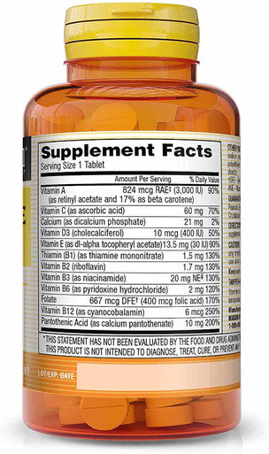 Mason Natural Daily Multiple Vitamins - Vitamins A, C, D3, E, B1, B2, B3, B6, B12, Folate and Calcium for Overall Health, 100 Tablets