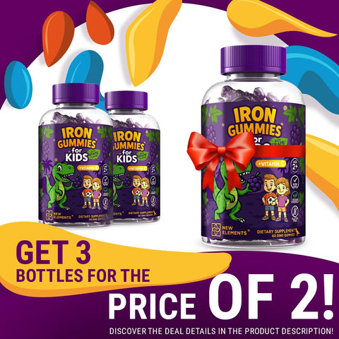 Elements Iron Dinosaur Gummies For Kids With Vitamin C Sugar- Vegan Gluten- & Non-Gmo Anemia Relief Energy & Blood Health Support Grape Flavor Pectin-Based For Optimal Health