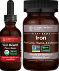 Global Healing Plant-Based Vein Health & Iron Health Kit - Liquid Drops for Blood Flow & Vein Circulation and Vegan Supplement for Blood Support, Natural Energy & Brain Health - 2 Fl Oz & 60 Capsules