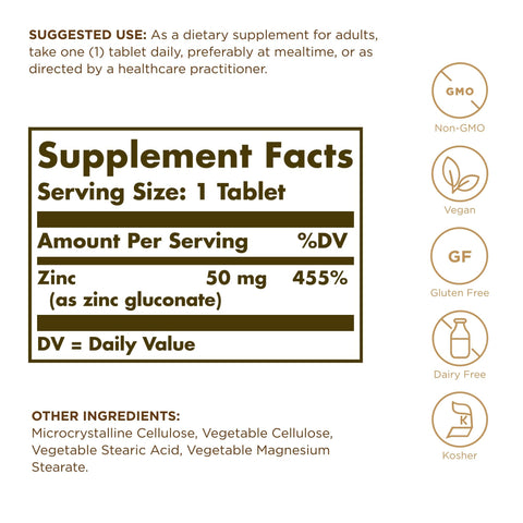 Solgar Zinc 50 Mg 100 Tablets - Zinc For Healthy Skin Taste & Vision - Immune System & Antioxidant Support - Supports Cell Growth & Dna Formation - Non Gmo Vegan Gluten Free 100 Servings