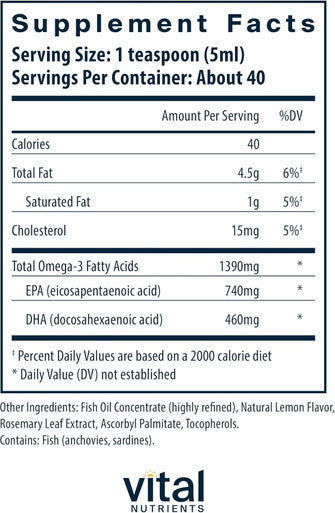 Vital Nutrients - Ultra Pure Fish Oil 1400 (Pharmaceutical Grade) - Deep Sea Liquid Fish Oil Cardiovascular Support Natural Lemon Flavor - 200 ml per Bottle