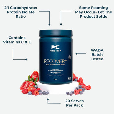 Kinetica Kinetica Recovery Powder Post Workout Drink Muscle Repair and Energy Store Replenisher 20 Servings Wild Berry 1.5kg