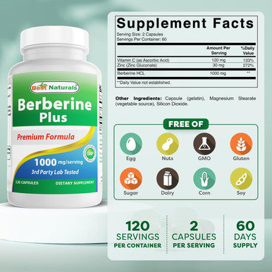 Best Naturals Berberine Plus 1000 mg/Serving 120 Capsules (120 Count (Pack of 2))