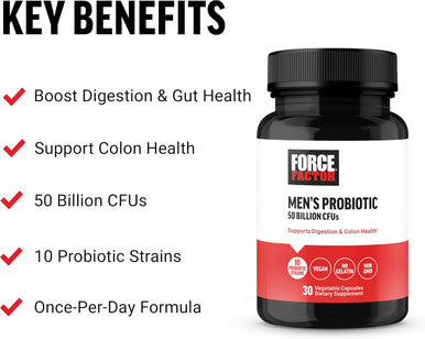 Force Factor Men s Probiotic Probiotics for Digestive Health with 50 Billion CFUs and 10 Probiotic Strains to Support Gut and Colon Health and Daily Wellness Non-GMO Vegan 30 Vegetable Capsules