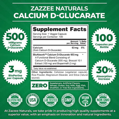 Zazzee Calcium D-Glucarate, 100 Vegan Capsules, 500 mg per Capsule, Contains 3 mg BioPerine for Enhanced Absorption, Plus Pure Broccoli Extract, Vegan, Non-GMO and All-Natural