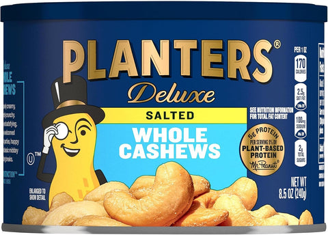 PLANTERS Deluxe Lightly Salted Cashews, Plant Based Protein, 18.25Oz (1 Ct) | Whole Roasted Cashews. Snacks for Adults. Resealable Canister. Plant Based Protein Snack. Pantry Staples