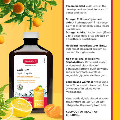 Wampole Calcium Liquid - Helps Develop and Maintain Bones & Teeth - 350 ml