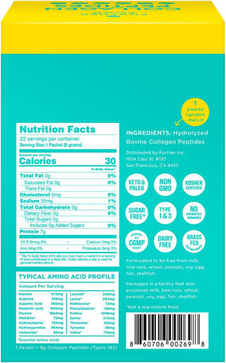 Collagen Peptides Powder Supplement Unflavored GrassFed Hydrolyzed Collagen Type 1 3 22 Count Stick Packs
