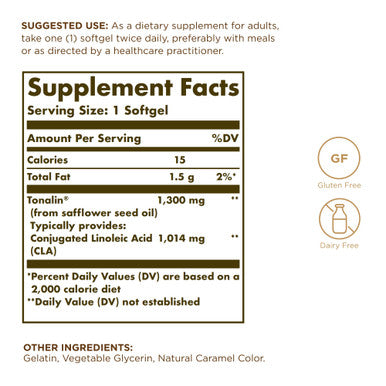 Solgar Tonalin Cla 1300 Mg - 60 Softgels - Conjugated Linoleic Acid - Non-Gmo Gluten Free Dairy Free - 60 Servings