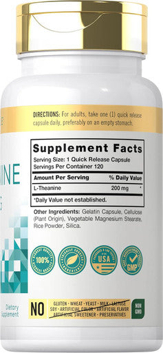 Carlyle L-Theanine 200mg Supplement | 120 Capsules | Non-GMO Gluten
