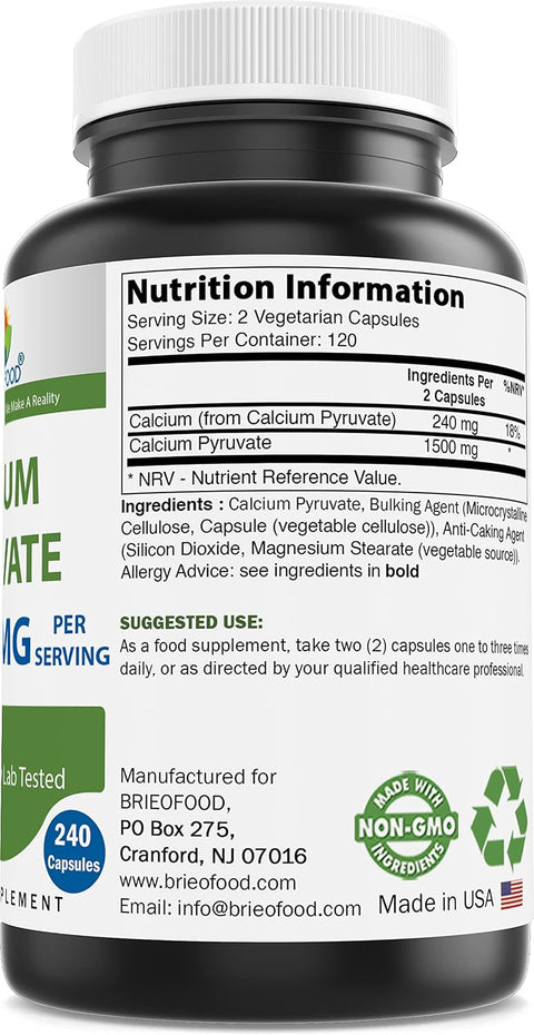 Brieofood Calcium Pyruvate 1500mg per Serving 240 Vegetarian Capsules