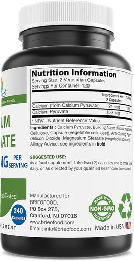 Brieofood Calcium Pyruvate 1500Mg Per Serving 240 Vegetarian Capsules