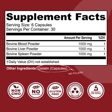 Left Coast Performance Grass Fed Bovine Blood and Beef Liver Supplement 100% Grass Fed New Zealand Pasture Raised Beef Organs - Natural Blood Builder Non GMO Freeze Dried 180 Capsules