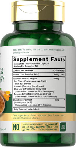 Carlyle Turmeric and Tart Cherry Capsules | 120 Count | with Bioperine | Vegetarian Non-GMO Gluten Supplement