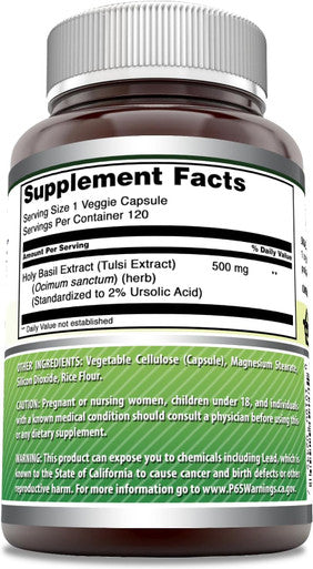 Amazing Nutrition Formulas Holy Basil Dietary Supplement - 500 mg 120 Capsules Per Bottle - 100% Pure Tulsi (Ocimum Sanctum) Leaf Extract 4:1 Concentrate - Promotes Calm and Wellness