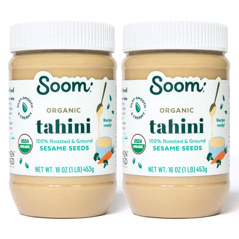Soom Foods Organic Tahini 11oz (2 Pack) Roasted & Ground Sesame Seed Paste Creamy Tahini for Dubai Chocolate Hummus Sauces Vegan NutFree GlutenFree Kosher Keto Paleo Whole30