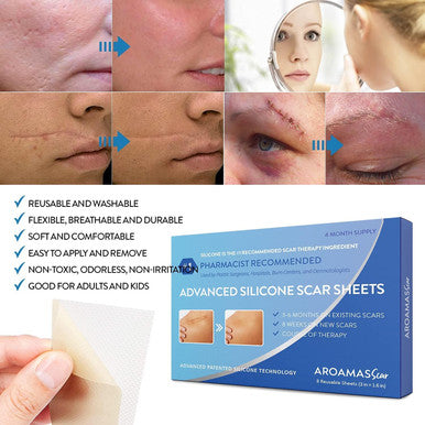 Aroamas Scar Silicone Scar Tape Softens and Flattens Scars From Surgery, Injury, Burns, C-Section, Scratch Marks Reusable Medical-Grade Silicone Scar Sheets For All Skin Types 3"X1.57", 8 Sheets