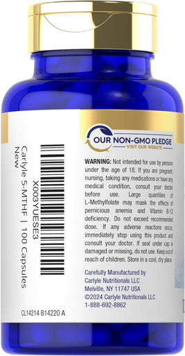 Carlyle 5-MTHF Supplement 15mg | 100 Capsules | L-Methylfolate | Non-GMO Gluten | Premium Quality