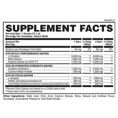 Evogen EVP 3D | Xtreme Stimulant Pre-Workout Pump Ignitor, Arginine Nitrate, Citrulline, Beta-Alanine, Lions Mane | Raspberry Lemonade
