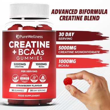 PureWellness Creatine and BCAA Gummies - 5000mg Creatine Monohydrate 1000mg BCAAs per Serving - Chewable Vegan Sugar Free Gummies Strawberry Flavour (1 Month Supply)