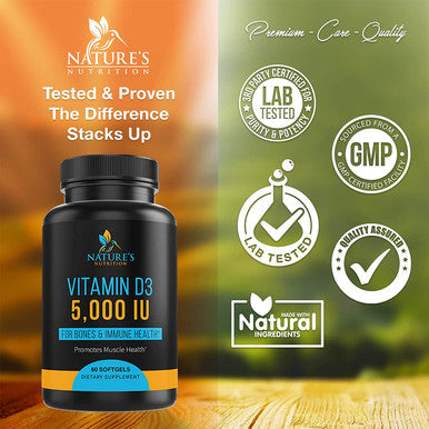 Vitamin D3 High Potency 5000 IU - 125 mcg Immune Support - Bone & Muscle Function Support - Gluten Free Daily Vitamin D Supplements - 60 Mini softgels