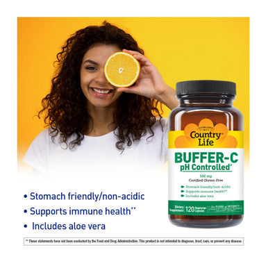 Country Life Buffer-C Ph Controlled 500Mg Stomach Friendly Non-Acidic 120 Vegetarian Capsules Certified Gluten Free Certified Vegetarian