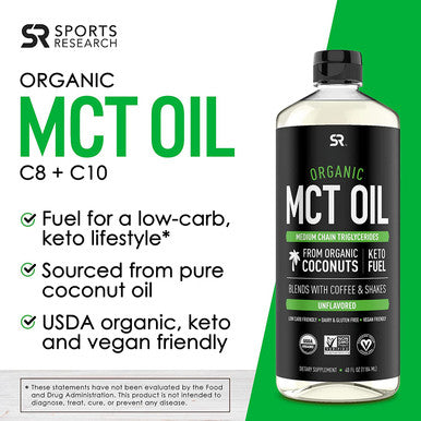 Sports Research Keto MCT Oil from Organic Coconuts Fatty Acid Fuel for Body Brain Dual Ingredient C8 and C10 MCTs Perfect in Coffee Tea More NonGMO Vegan Unflavored 40 Oz