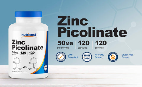 Nutricost Zinc Picolinate 50mg 120 Vegetarian Capsules GlutenFree GMOFree