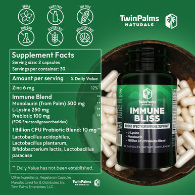 Immune Bliss - Broad Spectrum Daily Wellness Support For Seasonal Sickness L-Lysine Monolaurin Probiotic Prebiotic Blend Provides Natural Defense Vegan Vegetarian Non-Gmo 60 Capsules