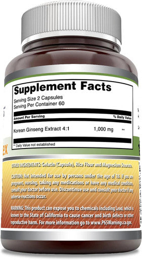 Amazing Nutrition Formulas Ginseng Complex 1000mg of 4:1 Korean Ginseng Extract 120 Capsules Supplement | Non-GMO | Gluten | Made in USA