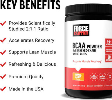 Force Factor BCAA Amino Acids Supplement 2:1:1 Delicious and Refreshing BCAA Powder to Support Muscle Recovery and Performance No Artificial Colors or Flavors Orange Mango 30 Servings