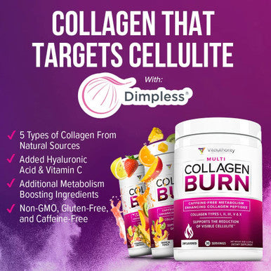 Multi Collagen Burn MultiType Hydrolyzed Collagen Protein Peptides with Hyaluronic Acid Vitamin C SOD B Dimpless Types I II III V and X Collagen Olive Leaf Extract Caffeine Unflavored