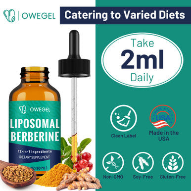 owegel Berberine HCL Supplement with Ceylon Cinnamon - Highly Absorbable Liposomal Berberine Liquid Drops 3000mg- 12 in 1 Natural Ingredients - AMPK Activator - 2 Fl Oz