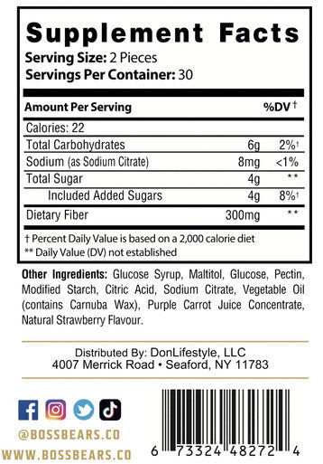 Boss Bears Fiber Gummies, Optimal Digestion, Maintain Bowel Health, Feel Lighter, Chewy Strawberry Flavor, Vegan, Gluten Free (30 Serving, Strawberry)