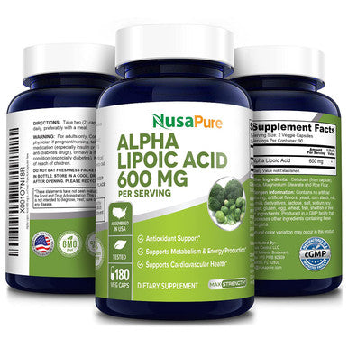 Alpha Lipoic 600 mg 180 Veggie Capsules (Vegetarian, Non-GMO & Gluten-Free) - 300 mg per Capsule