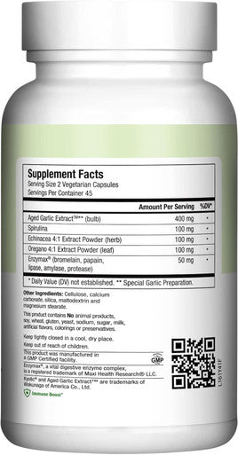 Maxi Health Maxi Biotic Aged Garlic Extract Capsules (90 Count) Kyolic Garlic Supplement with Spirulina Echinacea Oregano and Enzymax Natural Antioxidant Wellness Support