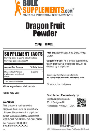 Bulksupplements.Com Dragon Fruit Powder - Dragon Fruit Supplement, Pink Pitaya Powder - Gluten Free, 6G Per Serving, 250G (8.8 Oz) (Pack Of 1)