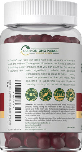 Carlyle Beet Root Gummies | 60 Count | Vegan Strawberry Flavored Chewable Supplement | Non-GMO Gluten