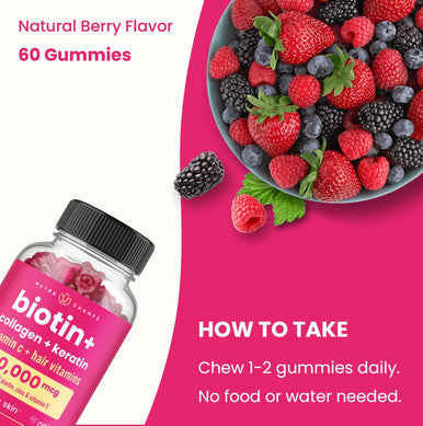 Hair Skin & Nails Gummies Biotin With Collagen & Keratin 5000Mcg Biotin Beauty Complex Vitamin Supplement Berry 120 Count For Women & Men Healthy Hair, Radiant Skin & Strong Nails (2 Pack)