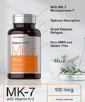 Vitamin K2 MK7 100mcg | 250 Softgels | Non-GMO, Gluten Free Supplement | by Horbaach