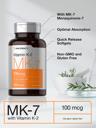 Vitamin K2 MK7 100mcg | 250 Softgels | Non-GMO, Gluten Free Supplement | by Horbaach