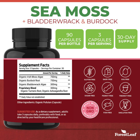 Forestleaf Organic Irish Sea Moss Capsules 2100Mg Raw Seamoss Pills Advanced Supplement Superfood Burdock Bladderwrack For Digestive Respiratory Immune Health 90 Vegan Organic Sea Moss Caps