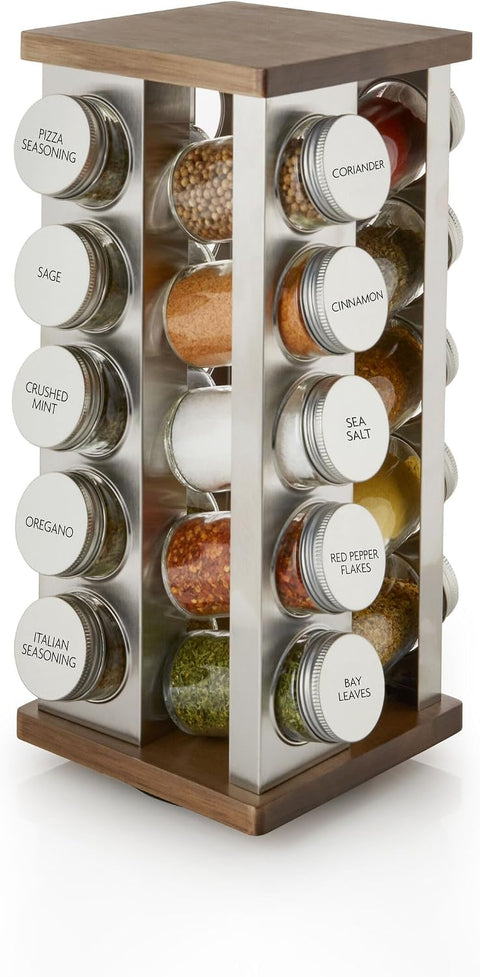 Kamenstein 20 Jar Revolving Countertop Spice Rack with Spices Included, FREE Spice Refills for 5 Years, Polished Stainless Steel with Black Caps, 30020