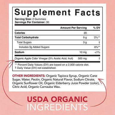 Organic Apple Cider Vinegar Gummies with The Mother USDA Organic Vegan NonGMO Verified 60 Vegan Gummies