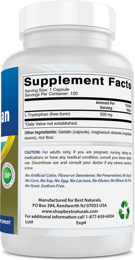 Best Naturals L-Tryptophan 500 mg 120 Capsules (120 Count (Pack of 3))