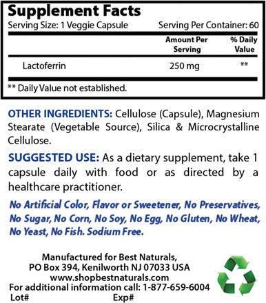 Best Naturals Lactoferrin 250 mg Veggie Capsule Supports Healthy Immune Function - 60 Count