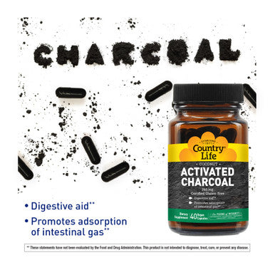Country Life Activated Charcoal Digestive Aid 260Mg 40 Vegan Capsules Certified Gluten Free Certified Vegan Non-Gmo Verified